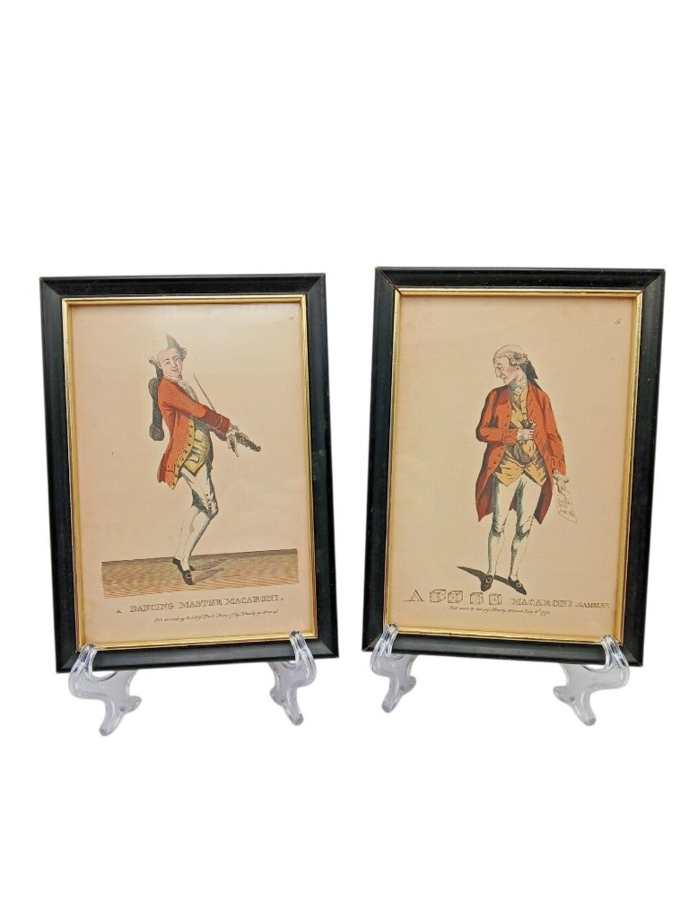 Pair Macaroni Prints Georgian Satirical Art Black Wood Frames 9x6.5